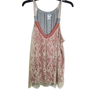 Pink Lace Overlay Fairy Tank Relaxed Boho Layering Top Whimsical Gray Pink Lg